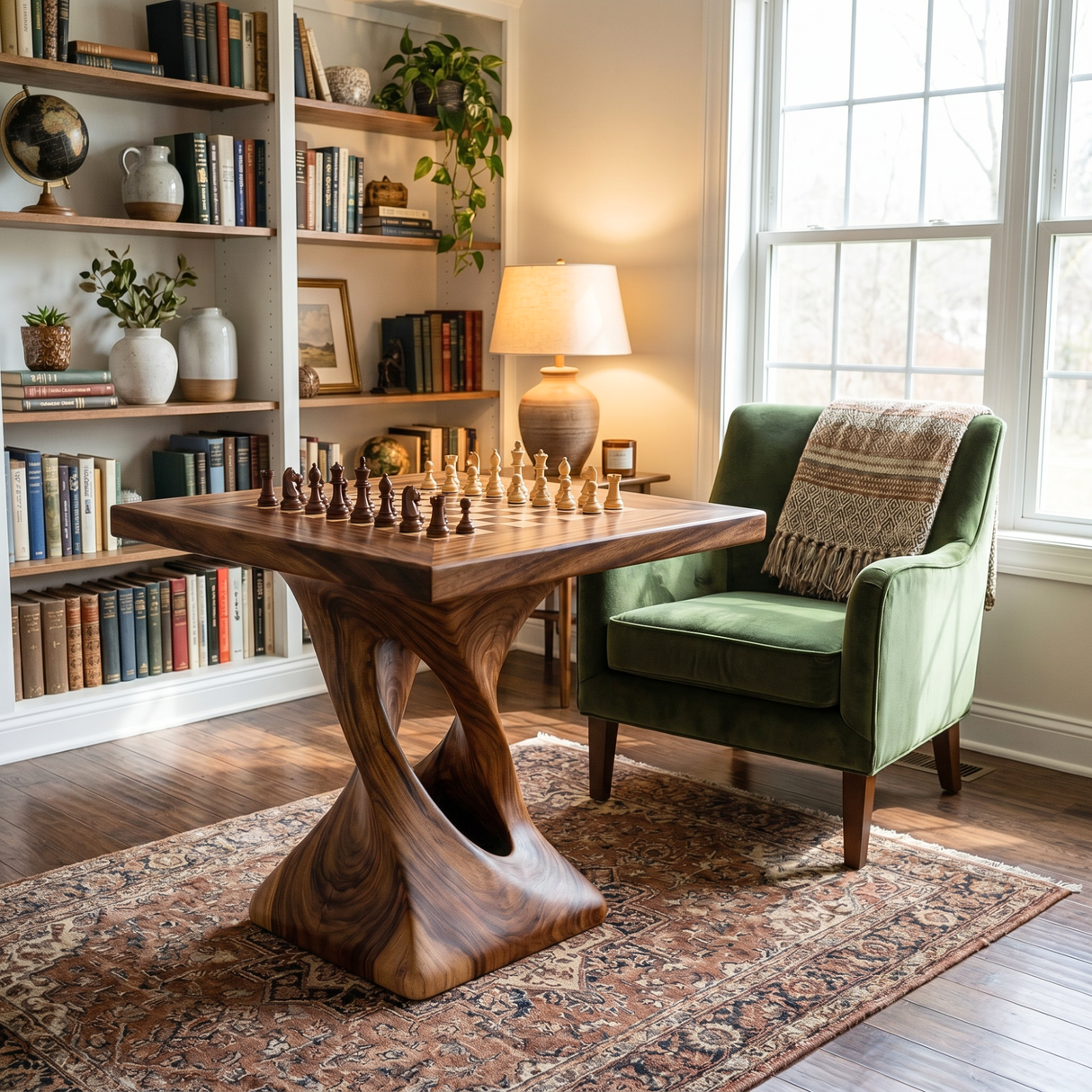 Handcrafted Solid Wood Chess Table with Sculptural Twisted Pedestal Base