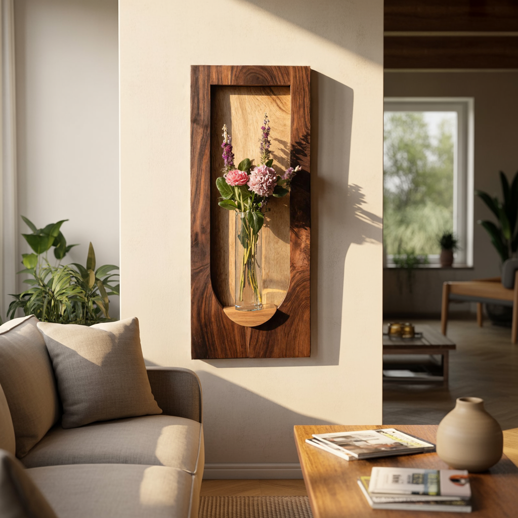 Solid Wood Wall Niche Sculpture with Integrated Vase Shelf