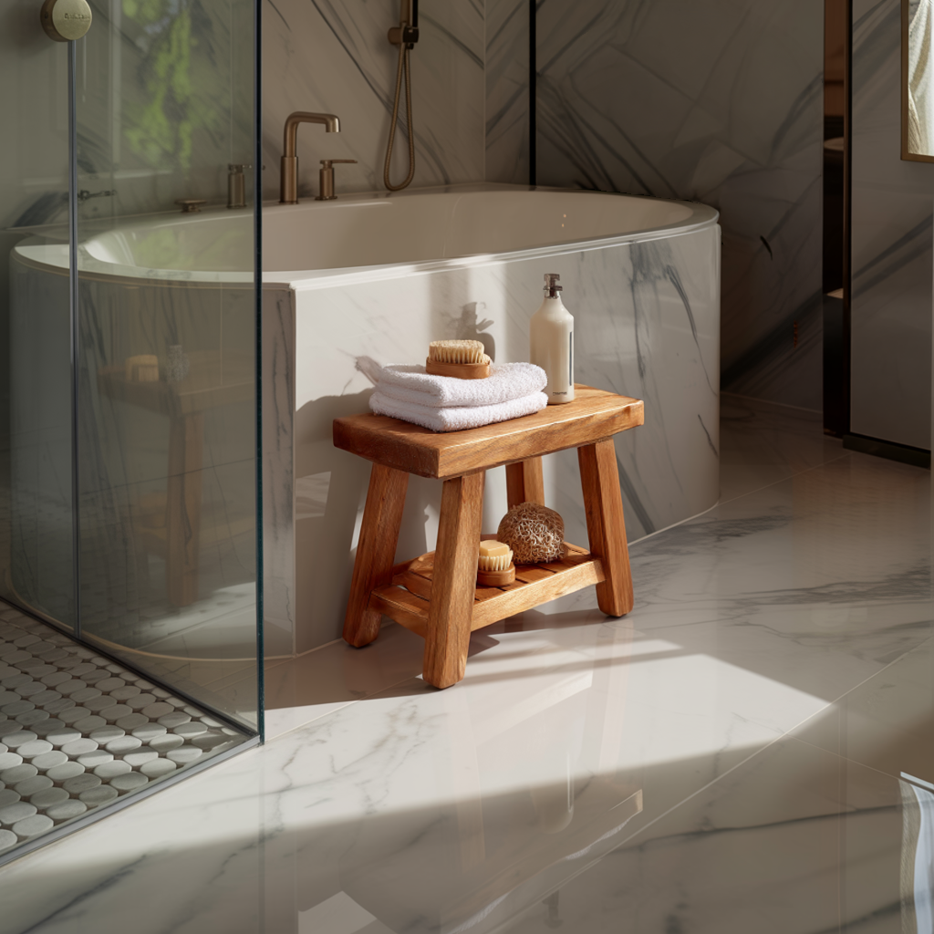 Handcrafted Solid Wood Shower Stool with Storage Rack