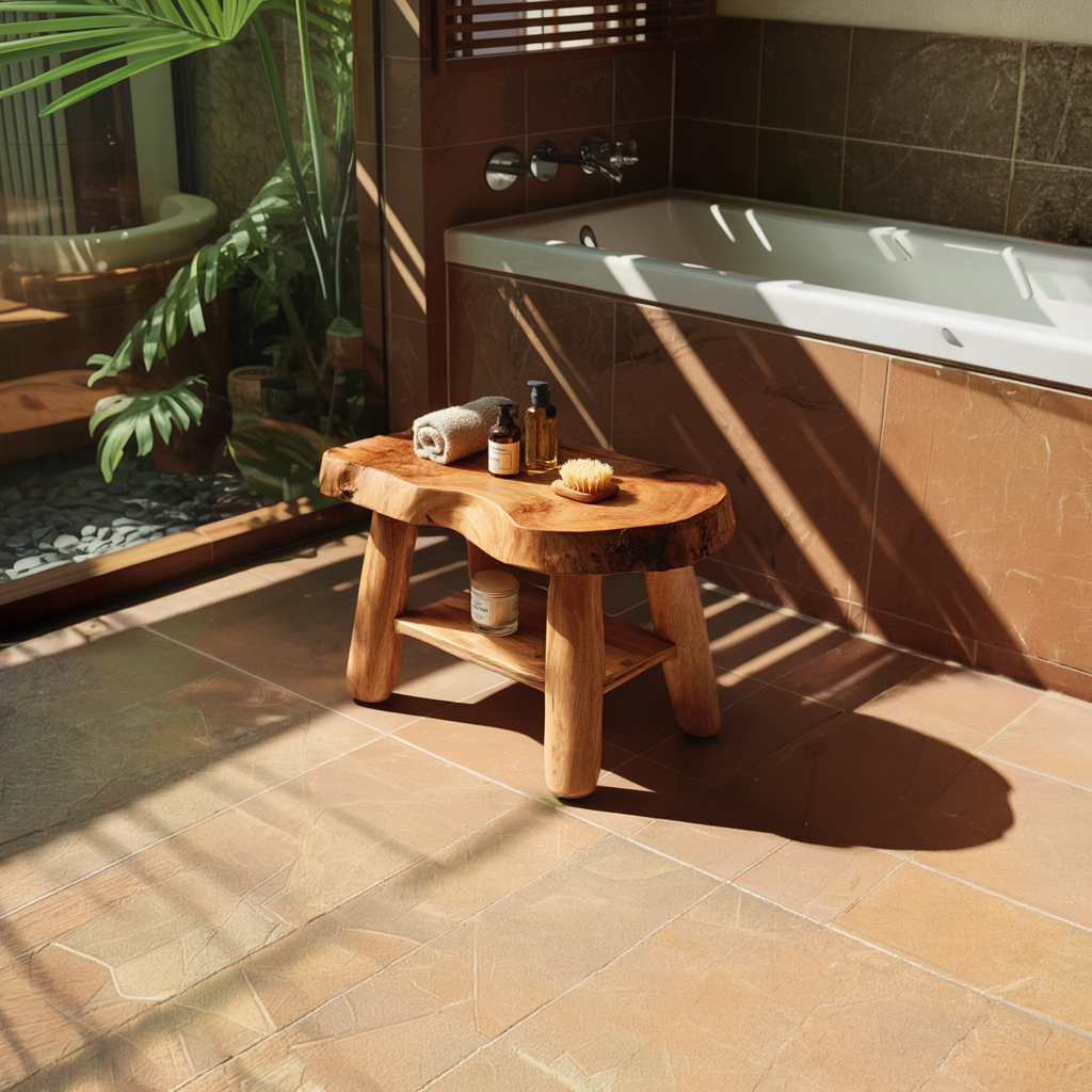 Rustic Solid Wood Shower Bench with Live Edge Top
