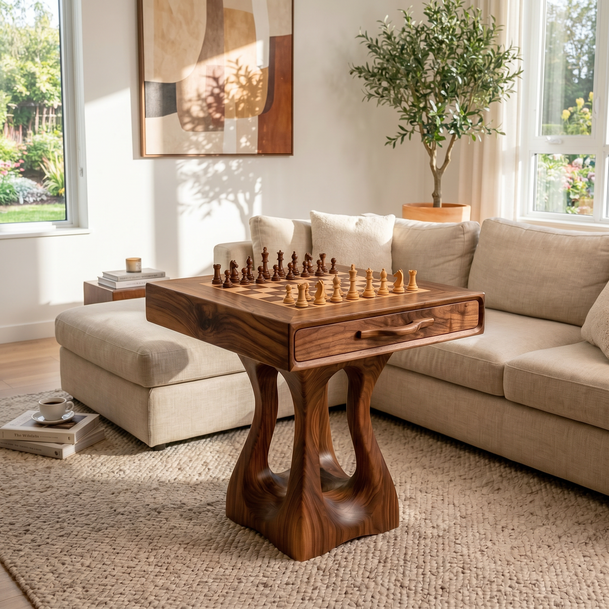 Handcrafted Solid Wood Chess Table with Drawer and Carved Pedestal Base