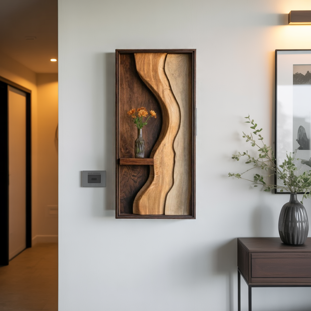 Organic Solid Wood Wall Sculpture with Floating Shelf