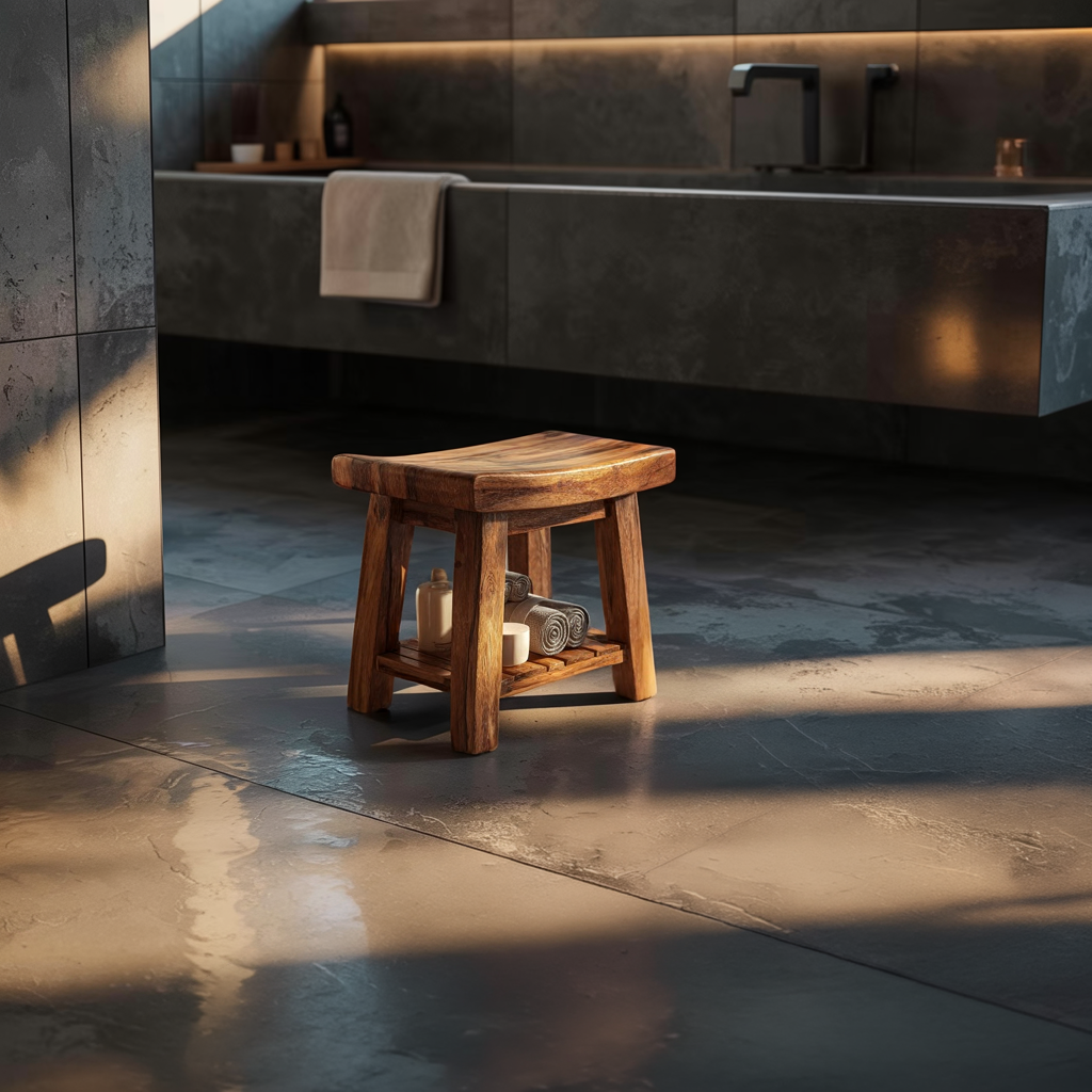 Compact Solid Wood Bath Stool with Lower Shelf