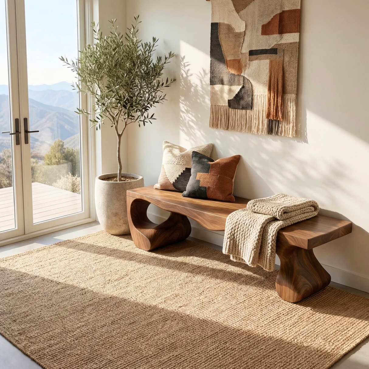Organic Solid Wood Entryway Bench with Sculptural Open Base for Modern Mediterranean Interiors