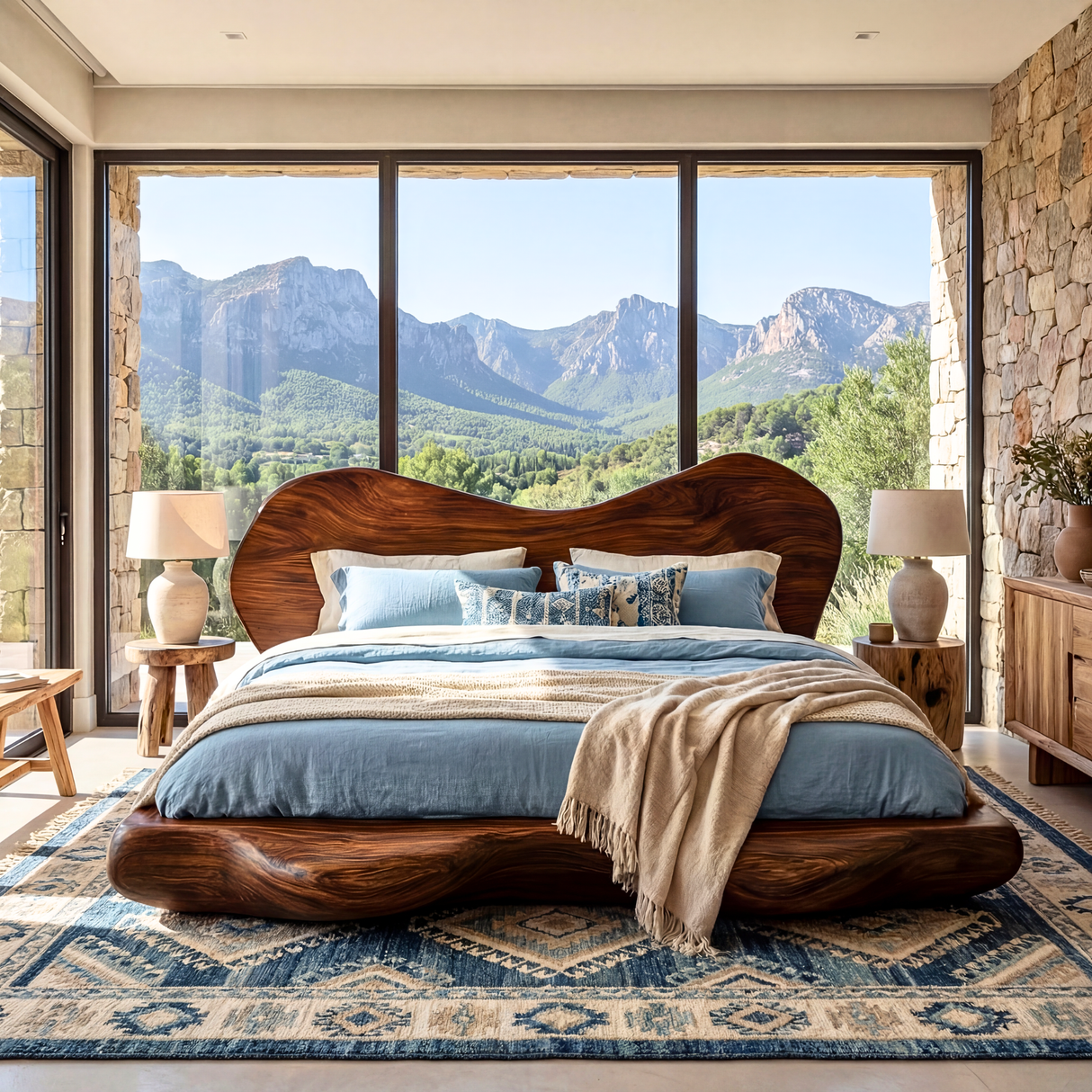 Organic Solid Wood Bed with Sculptural Curved Headboard and Platform Base