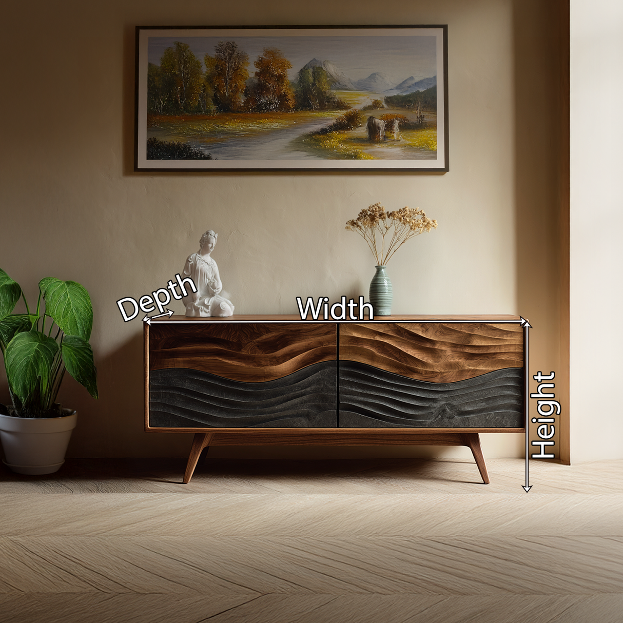 Solid Wood Sideboard with Layered Wave Carving Modern Artistic Storage Buffet Cabinet for Living Room