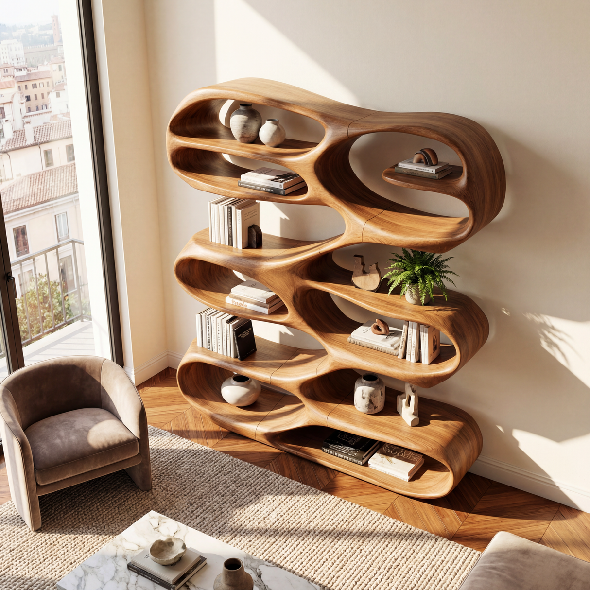 Freeform Wave Wood Bookcase with Open Sculptural Shelves