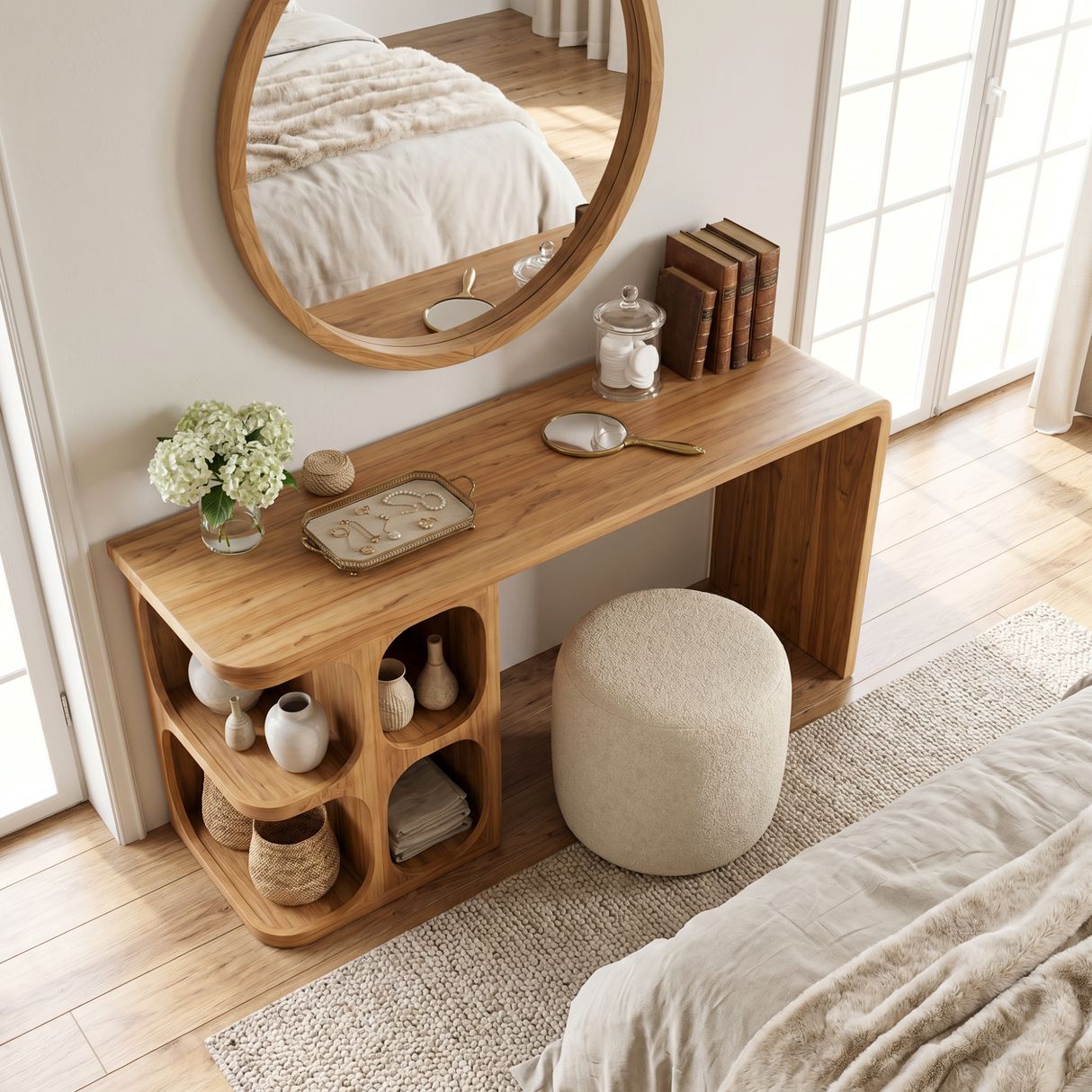 Organic Solid Wood Vanity Desk with Rounded Cubby Storage and Waterfall Panel