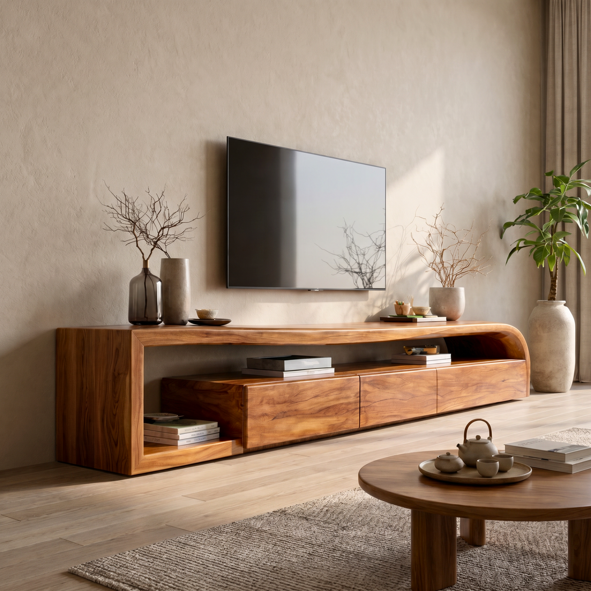 Sculptural Solid Wood TV Console with Curved Side Shelf and Storage Drawers