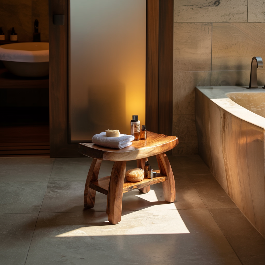 Organic Solid Wood Bath Bench with Storage Shelf