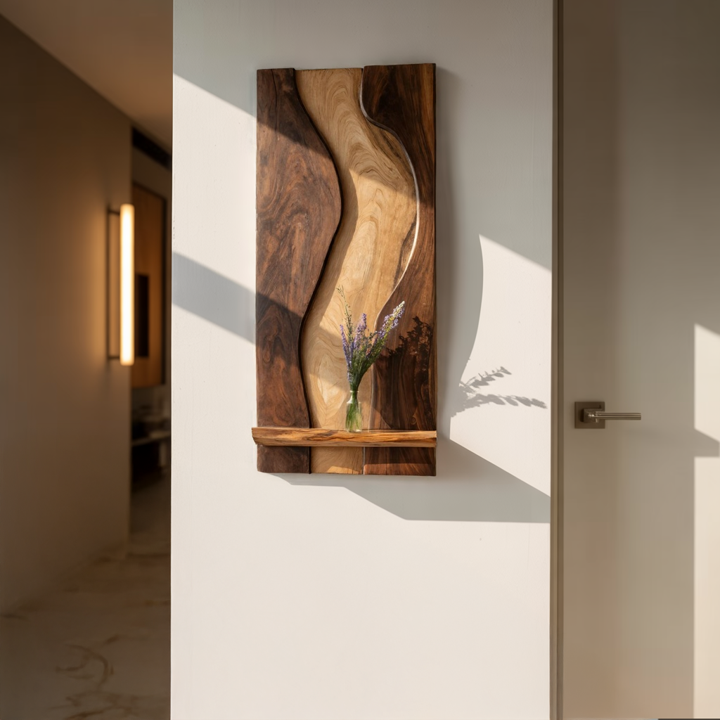 Two-Tone Sculpted Solid Wood Wall Art with Floating Shelf