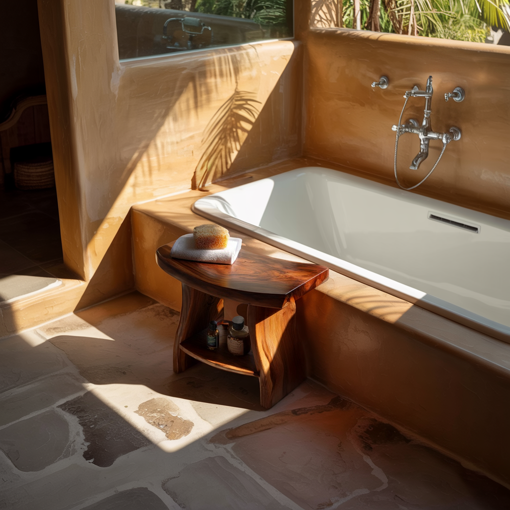 Solid Wood Bath Stool with Sculpted Top and Shelf