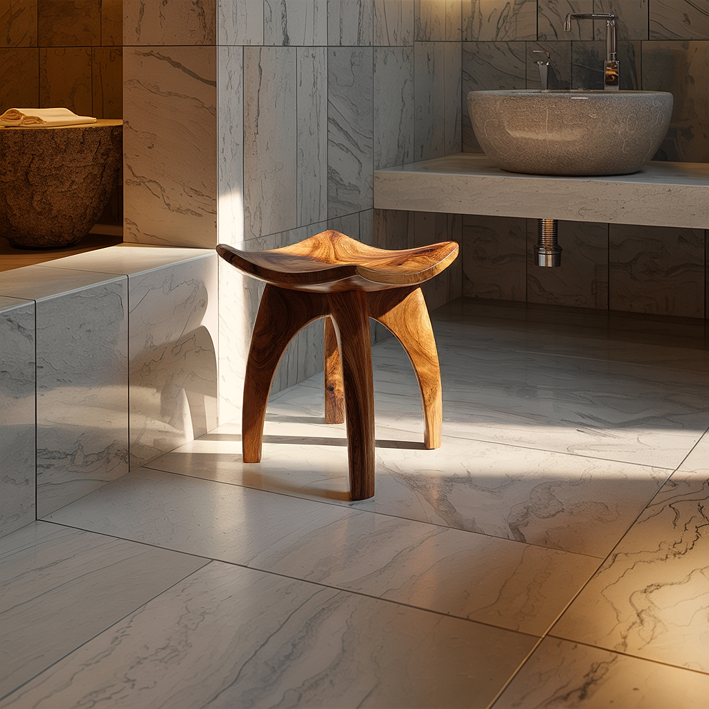 Organic Modern Solid Wood Stool with Curved Arch Legs