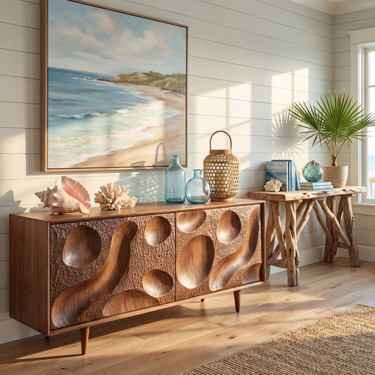 Solid Wood Sideboard with Hand Carved Crater Front