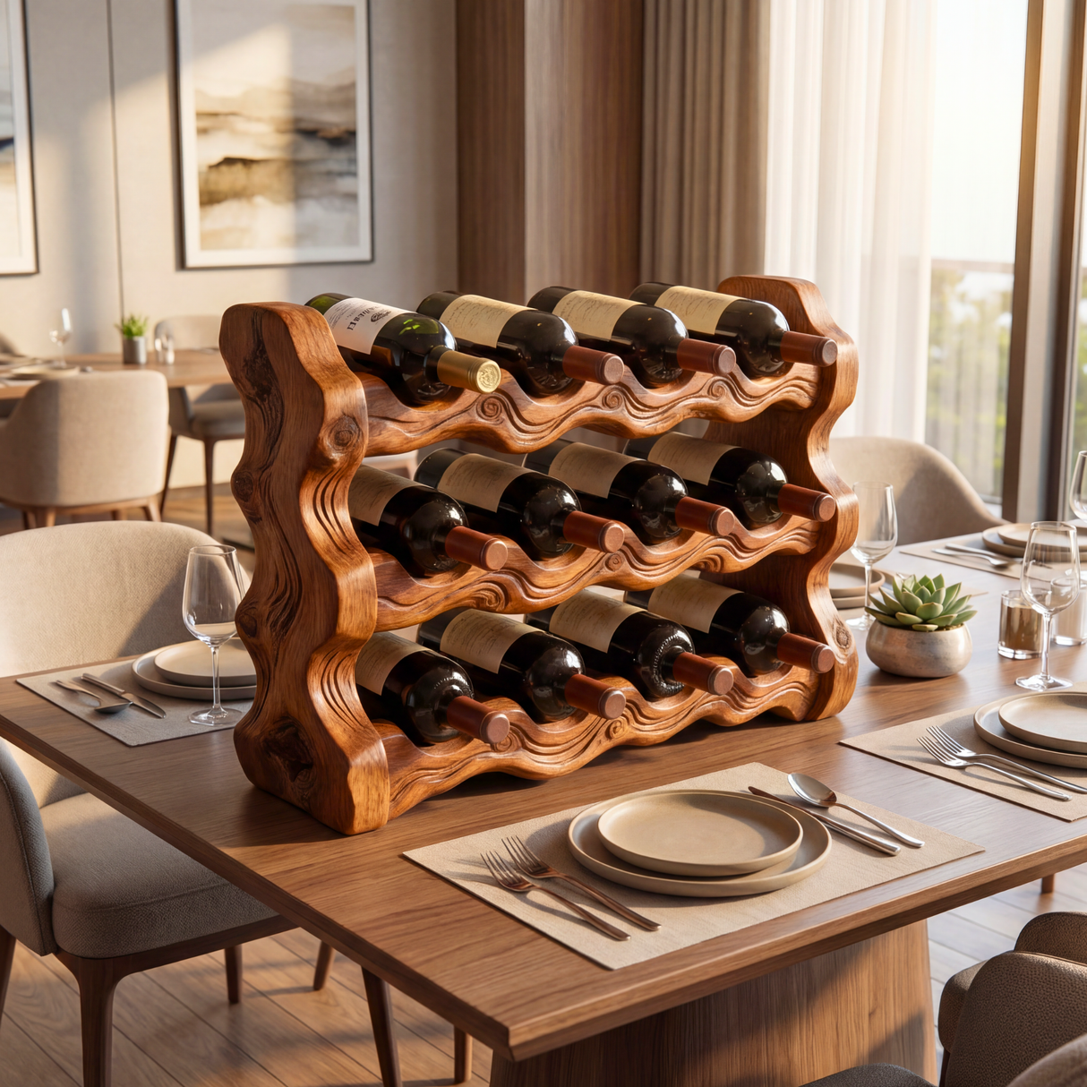 Solid Wood Wine Rack Sculptural Wave Design Countertop Bottle Holder