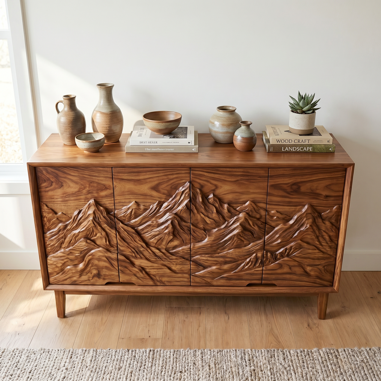 Organic Solid Wood Mountain Relief Sideboard Cabinet