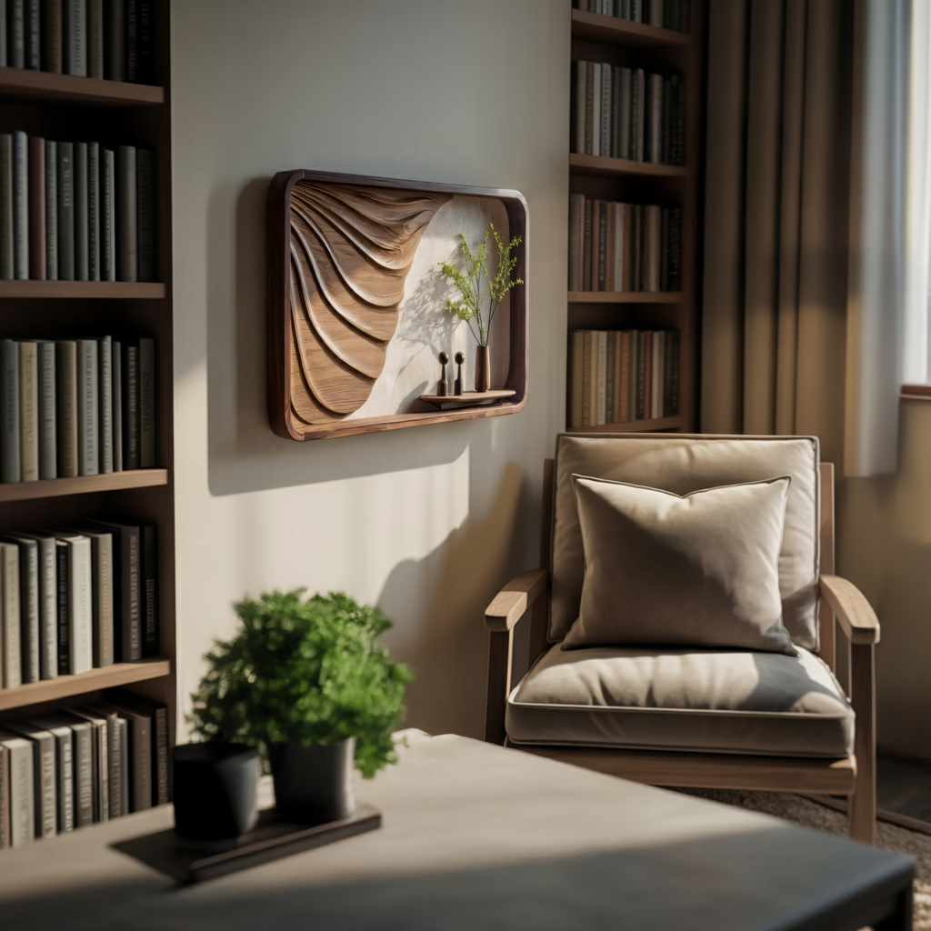 Solid Wood Wall Art Shelf with Sculptural Carved Panel