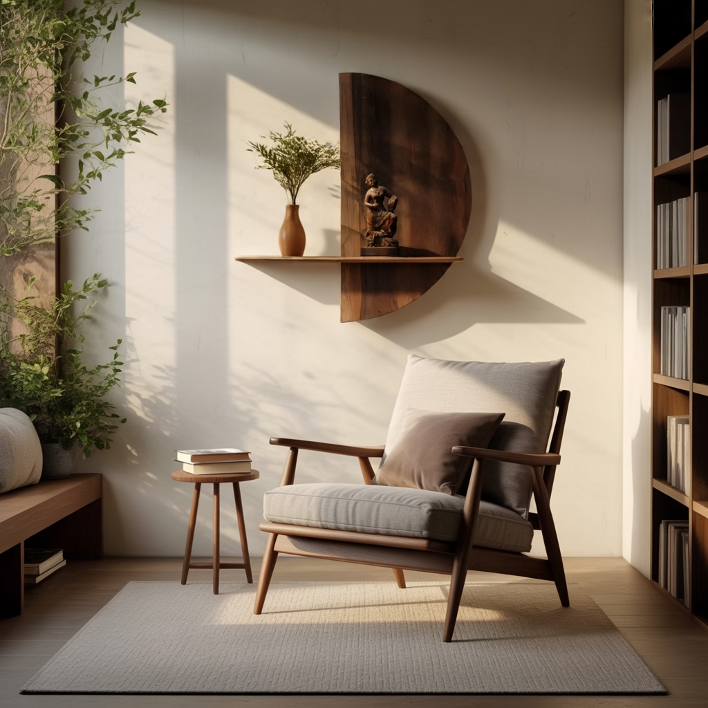 Half-Moon Solid Wood Wall Shelf with Sculptural Back Panel
