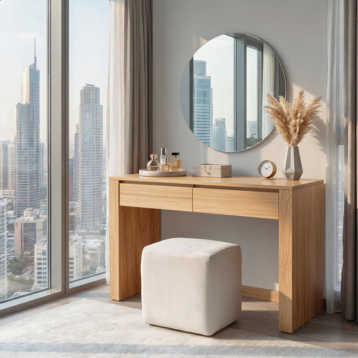 Solid Wood Vanity Table with Dual Drawers for Modern Bedroom