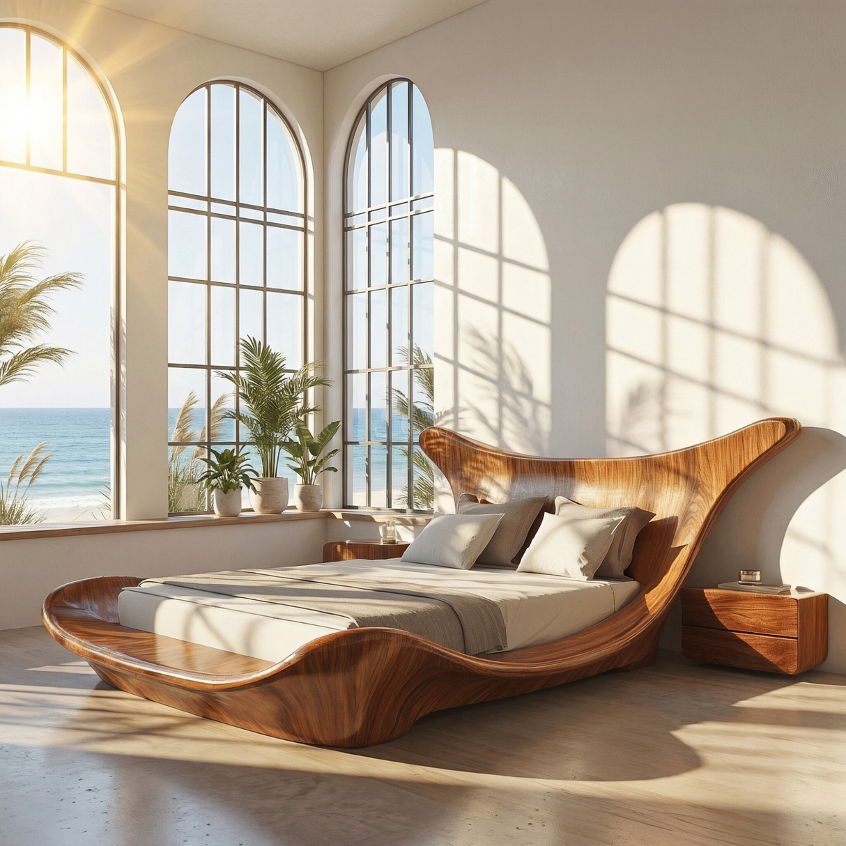 Wave Solid Wood Bed Frame with Sculptural Headboard