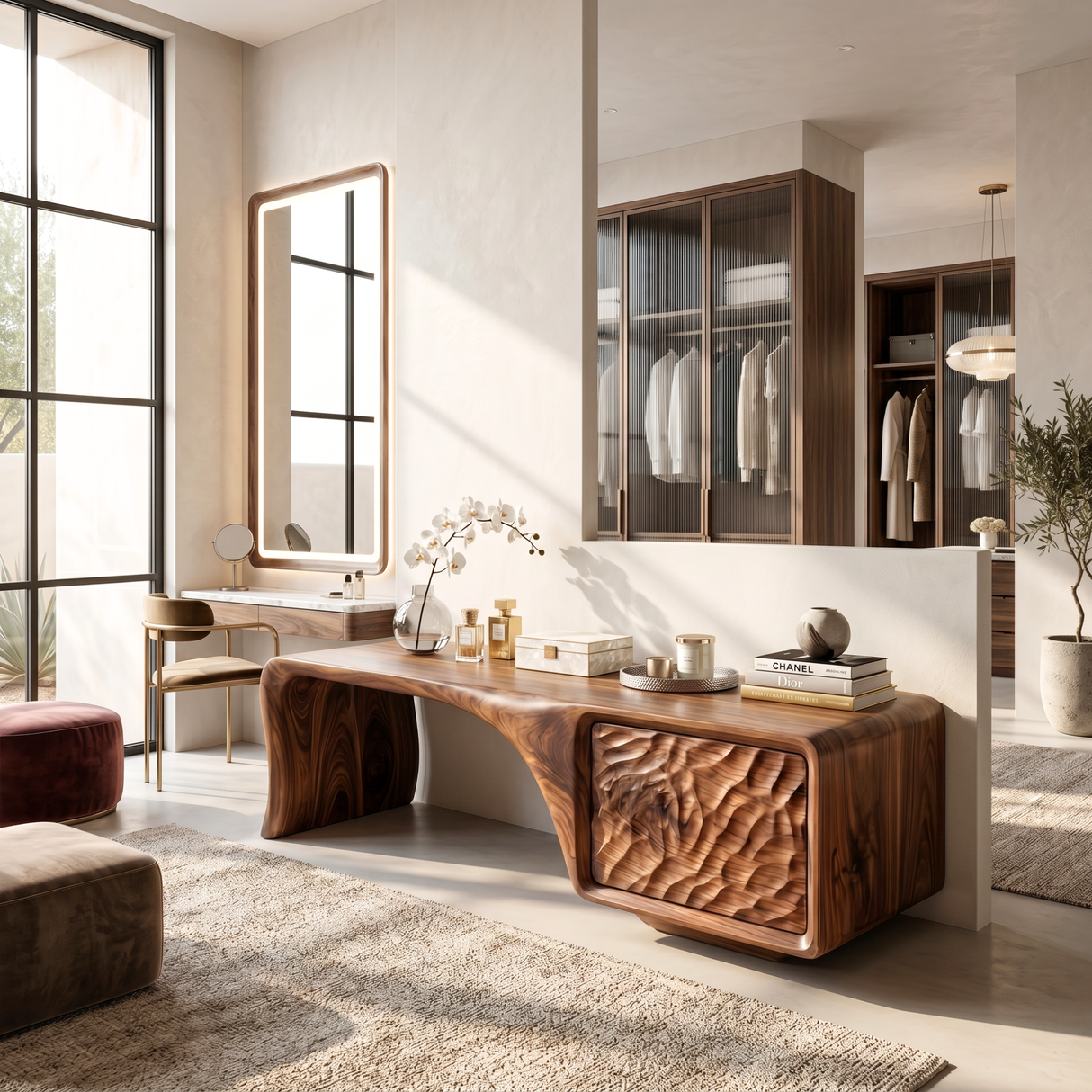 Organic Solid Wood TV Console with Sculptural Carved Cabinet Door