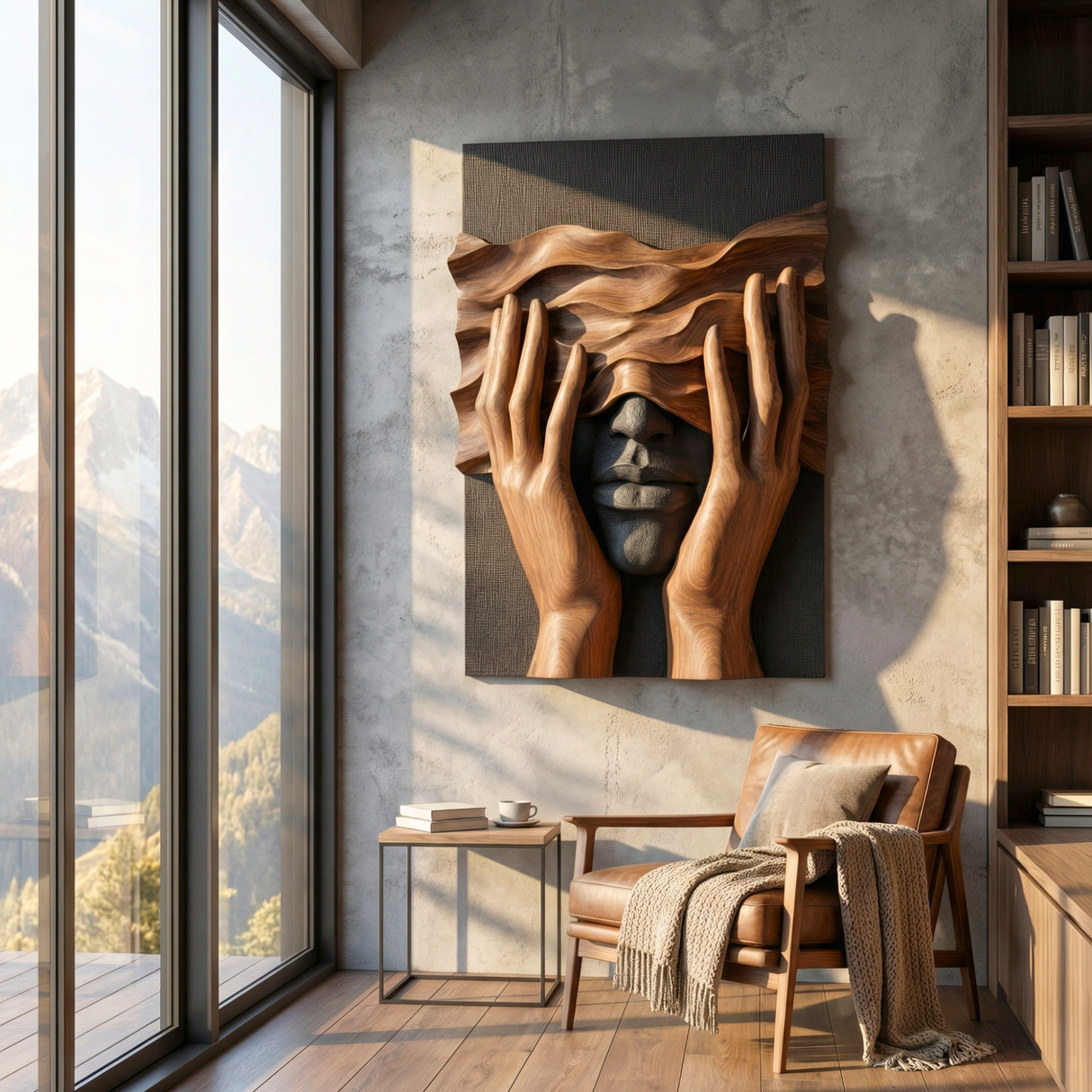 Handcrafted Solid Wood Wall Art Panel with Surreal Portrait and Sculptural Hands Relief