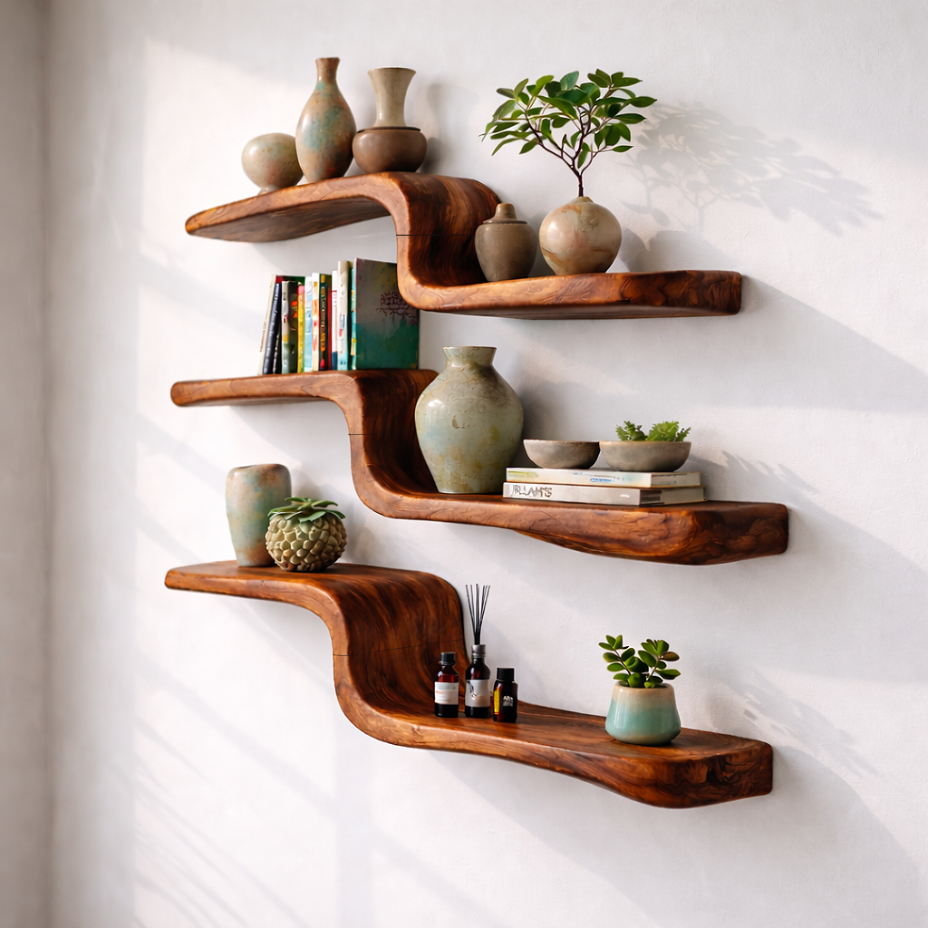 Handcrafted Solid Wood Wave Wall Shelf for Modern Interiors