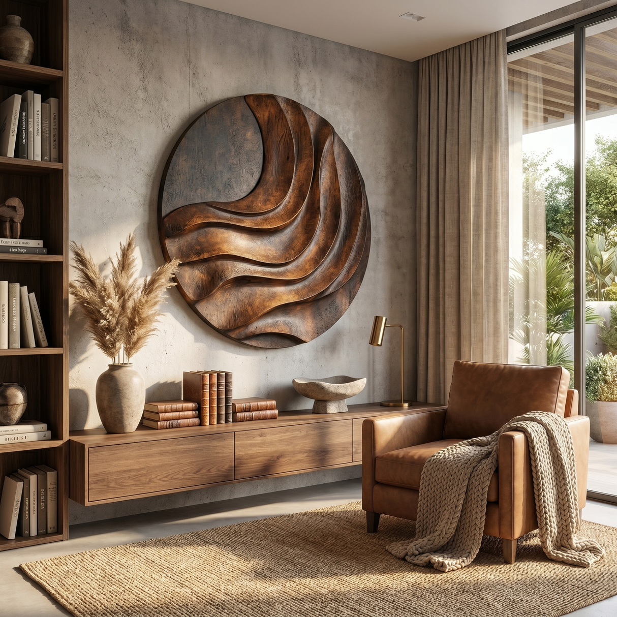 Handcrafted Solid Wood Wall Sculpture with Layered Curved Relief and Round Statement Form