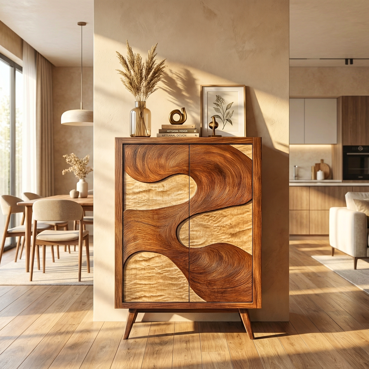 Solid Wood Sideboard with Organic River Flow Sculptural Doors for Contemporary Interiors