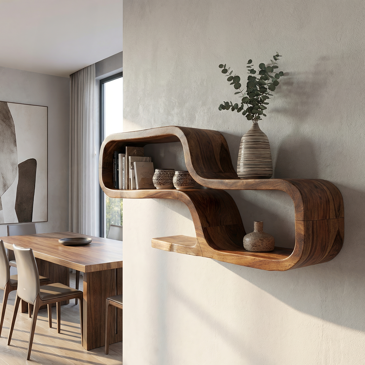 Organic Solid Wood Curved Floating Shelf for Living Room
