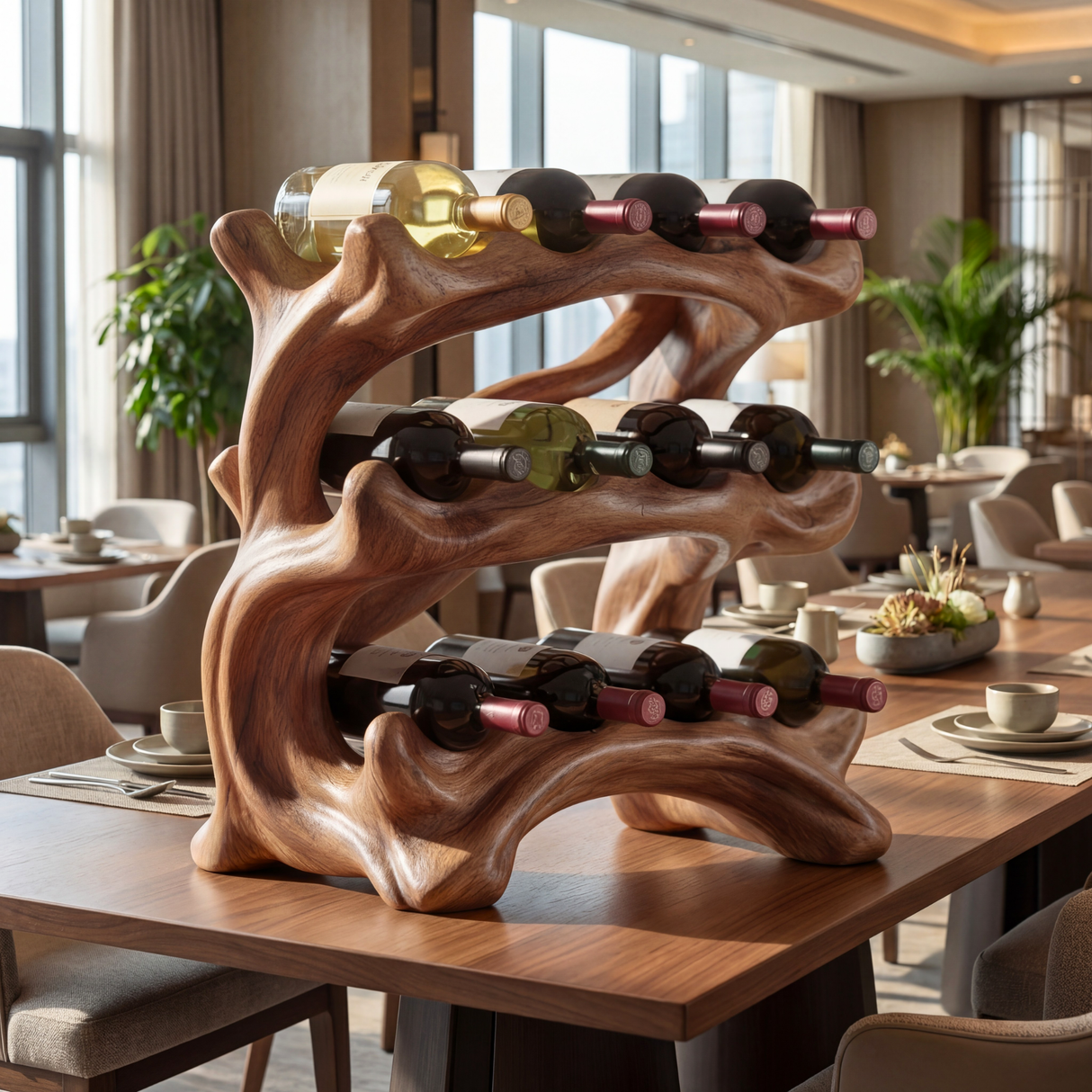 Organic Flow Solid Wood Wine Rack Sculptural Multi Tier Bottle Holder for Tabletop Display
