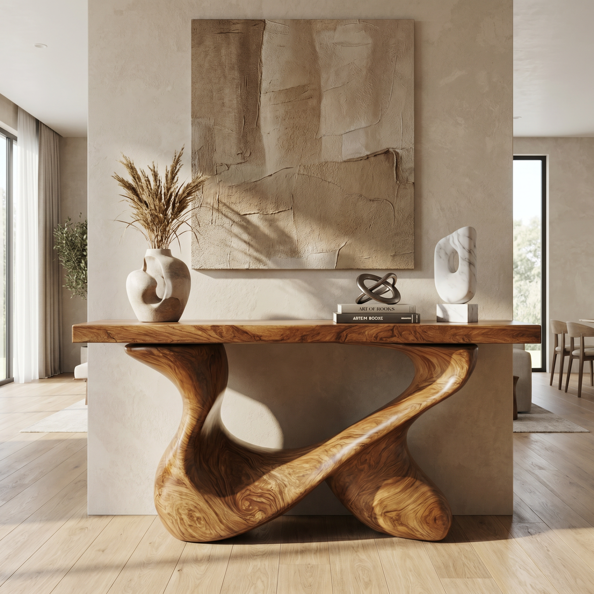 Console Table Solid Wood with Interlocking Loop Base for Entryway Decor