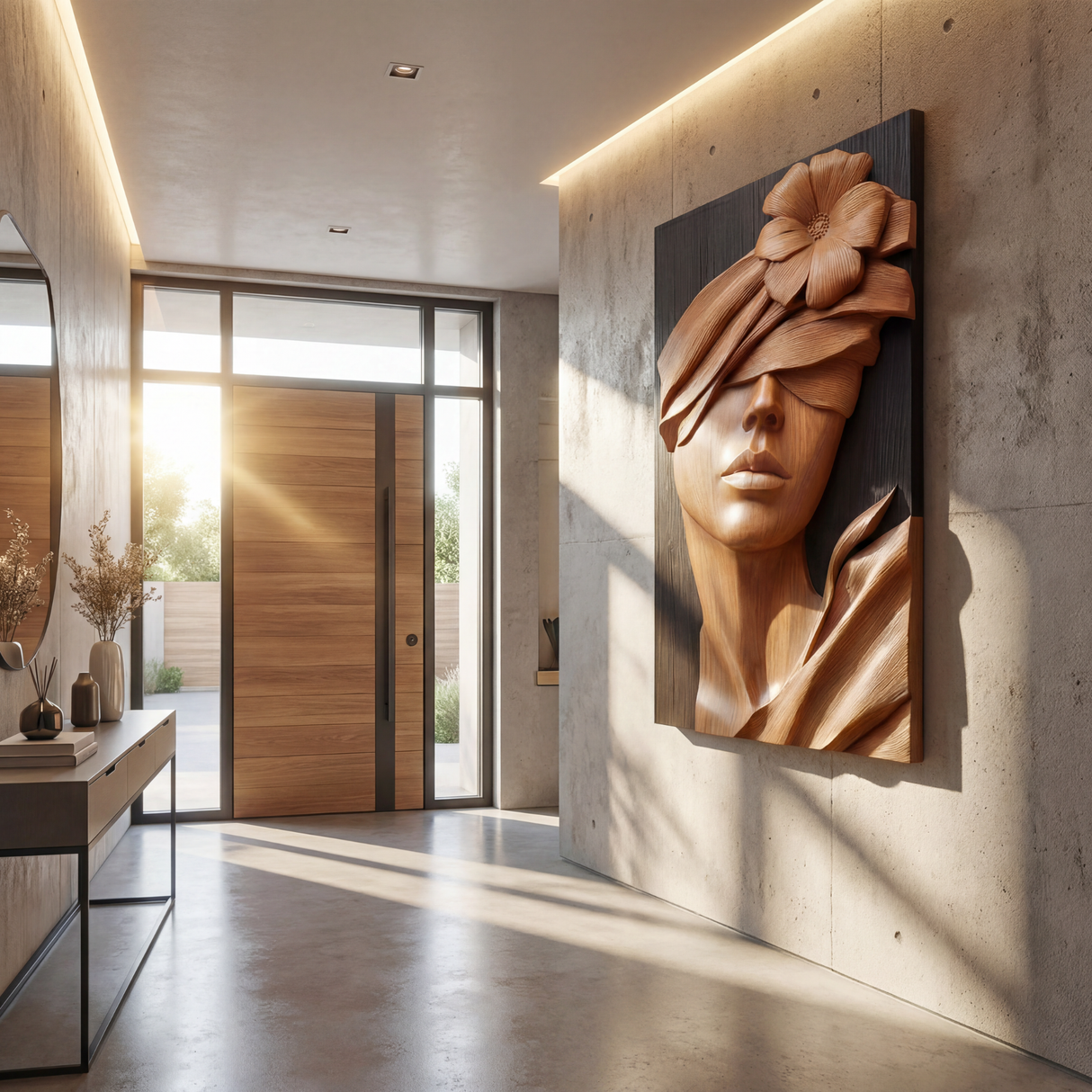 Serenity Bloom Wooden Relief Floral Woman Sculpture Wall Art