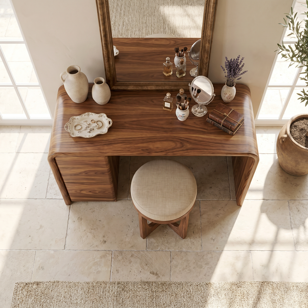 Rounded Solid Wood Vanity Table with Waterfall Side and Drawer Storage