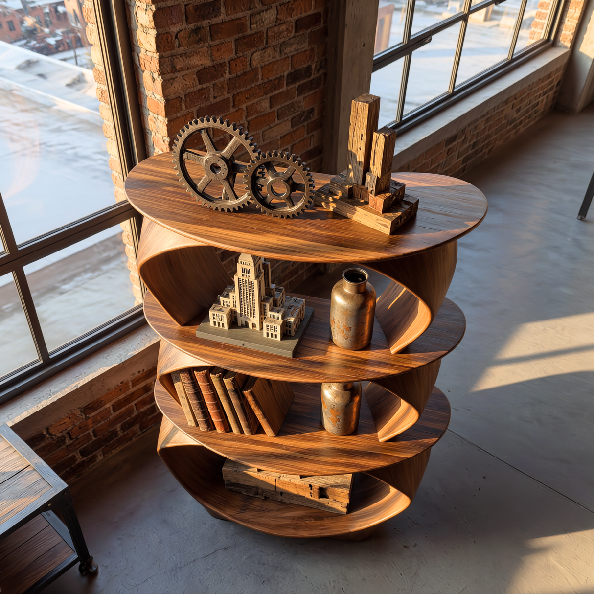 Stacked Loop Wood Display Shelf with Three Tier Open Shelving