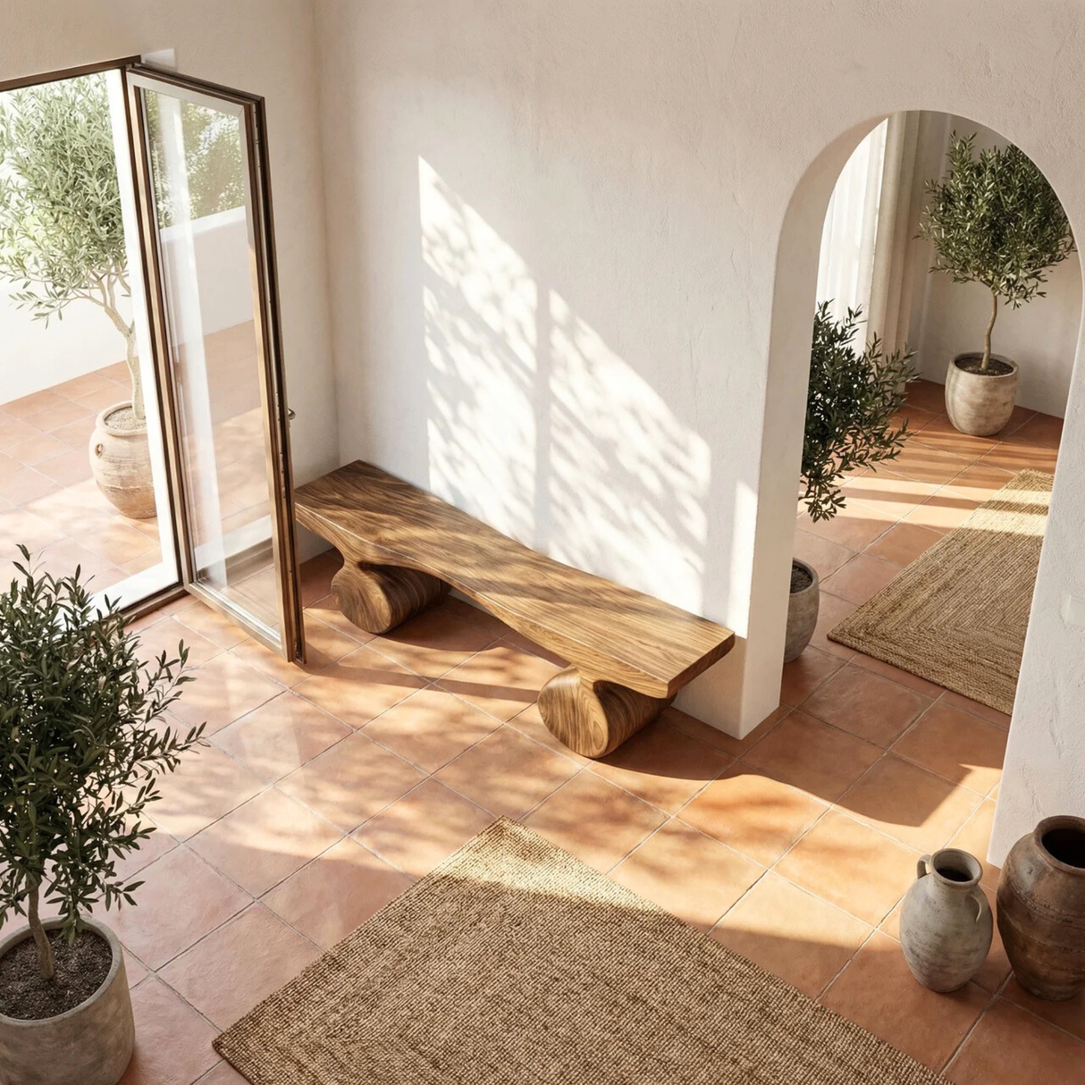 Organic Wood Bench with Sculptural Rounded Pedestal Base for Modern Interiors