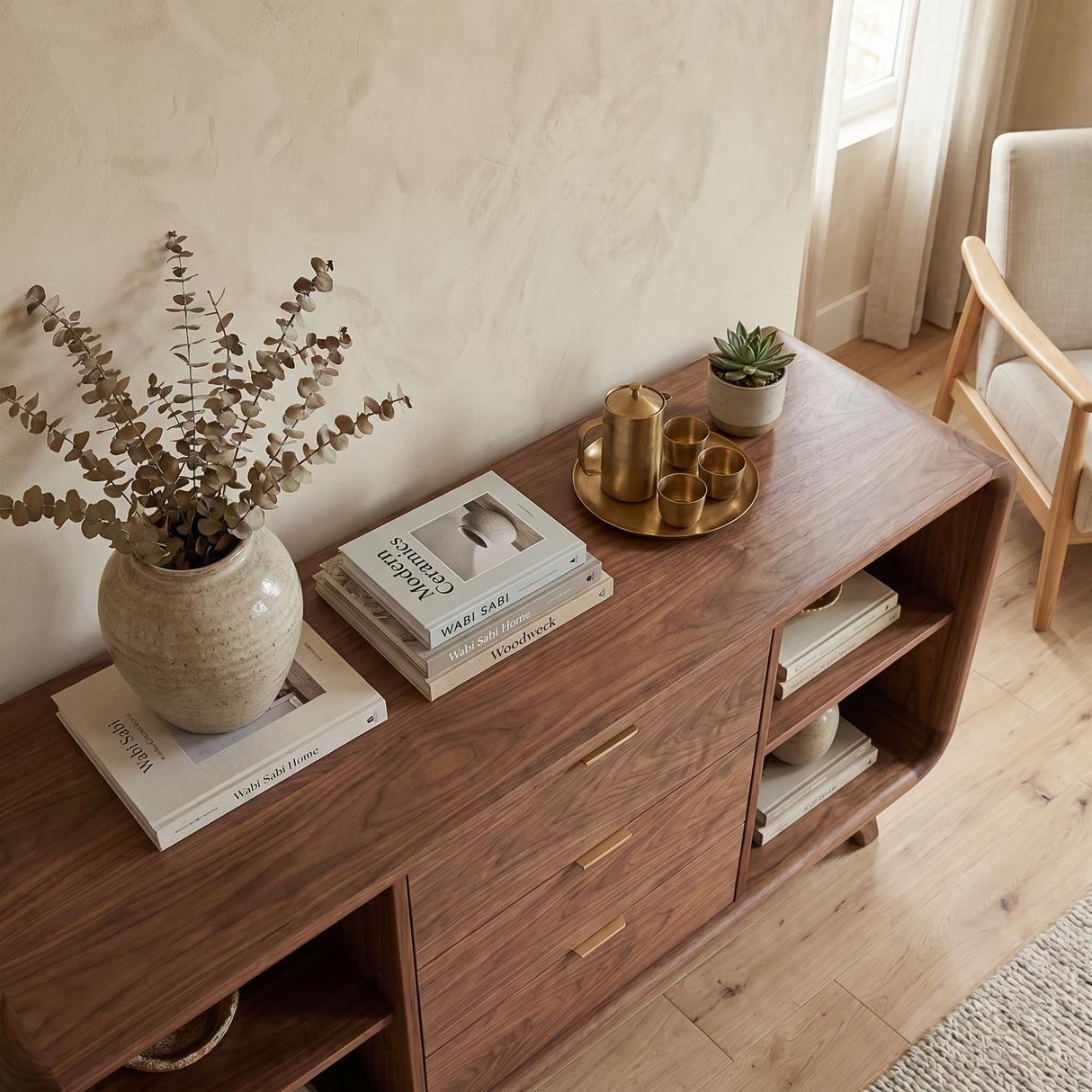 Handcrafted Solid Wood Sideboard with Three Drawers and Open Shelving