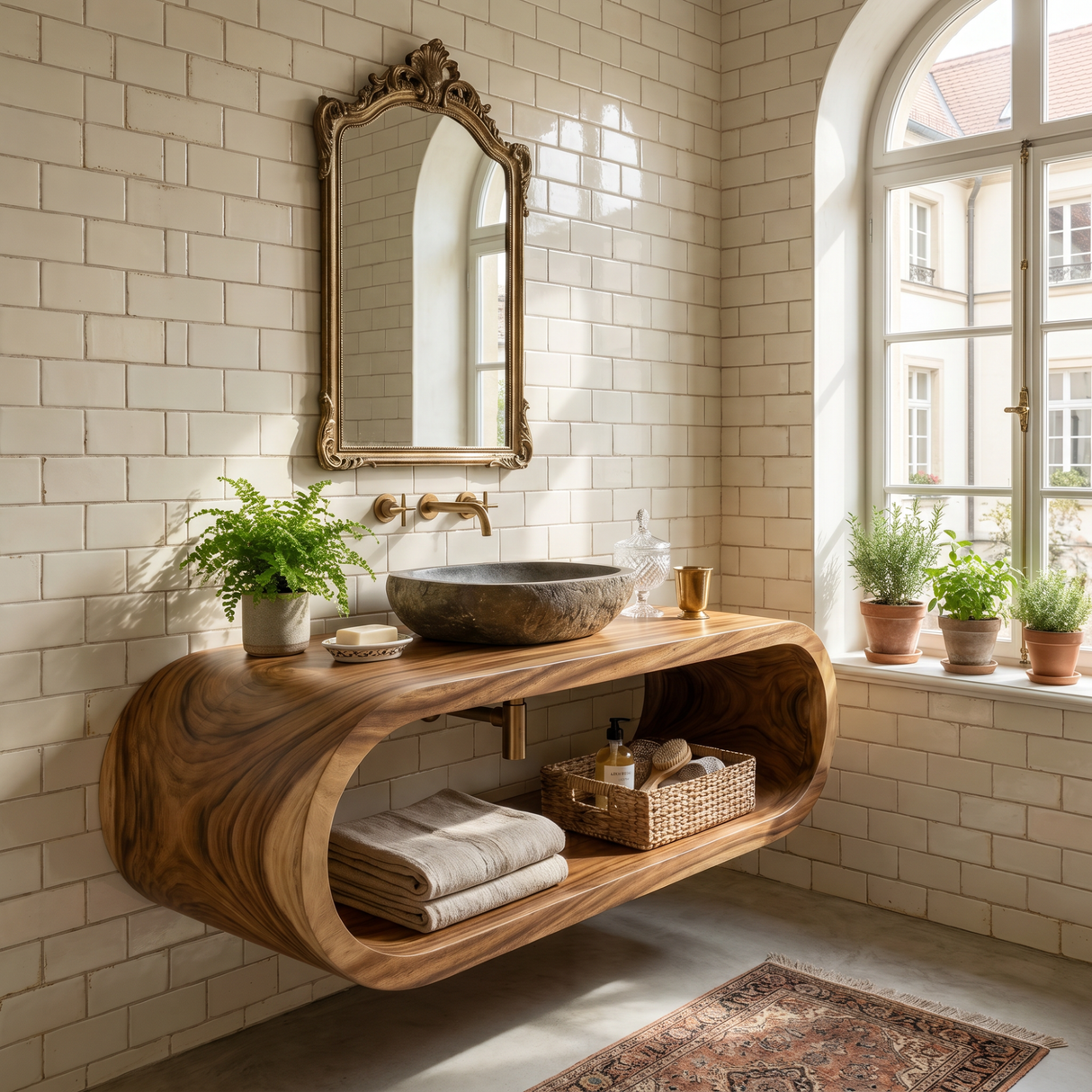 Organic Solid Wood Floating Bathroom Vanity with Sculptural Curved Form