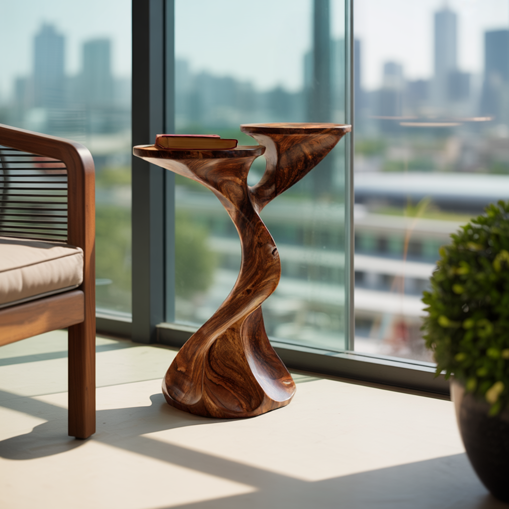 Sculptural Twisted Solid Wood End Table