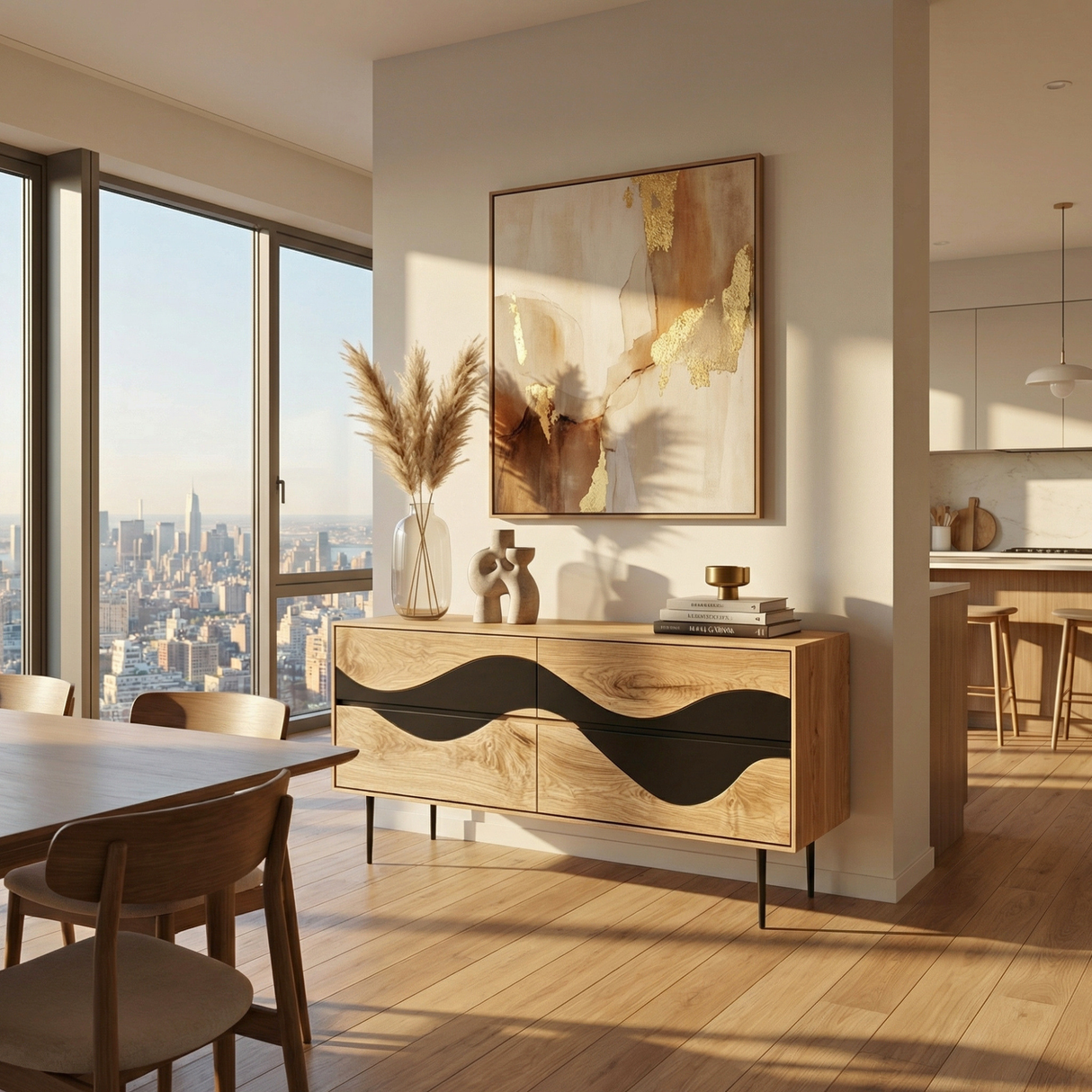 Wave Front Sideboard Cabinet with Sculptural Contrast, Modern Storage Credenza