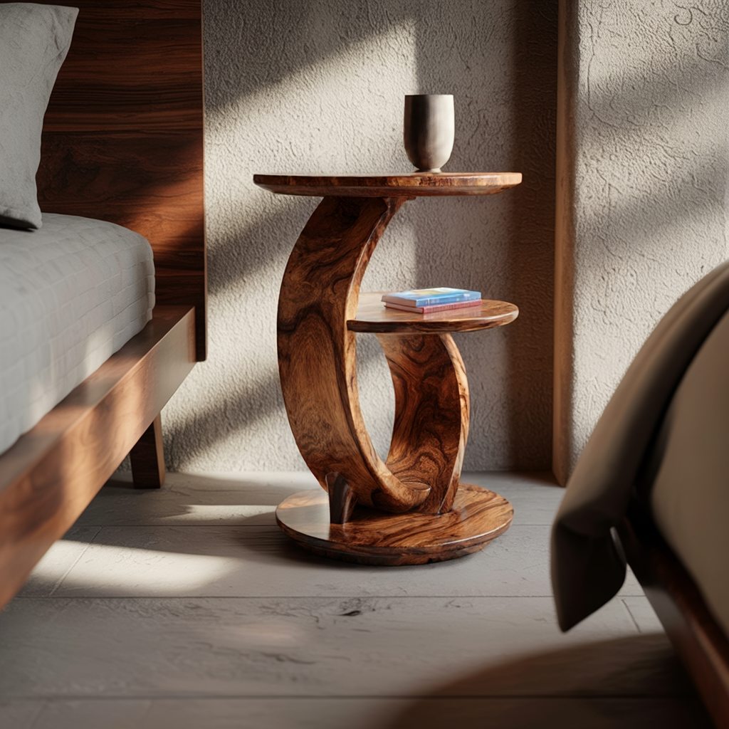 Sculptural Solid Wood Curved Side Table with Round Base