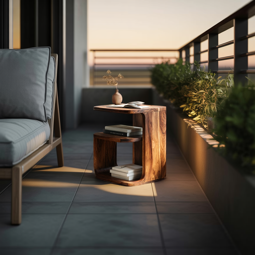 Modern Solid Wood C-Shaped End Table with Storage Shelf