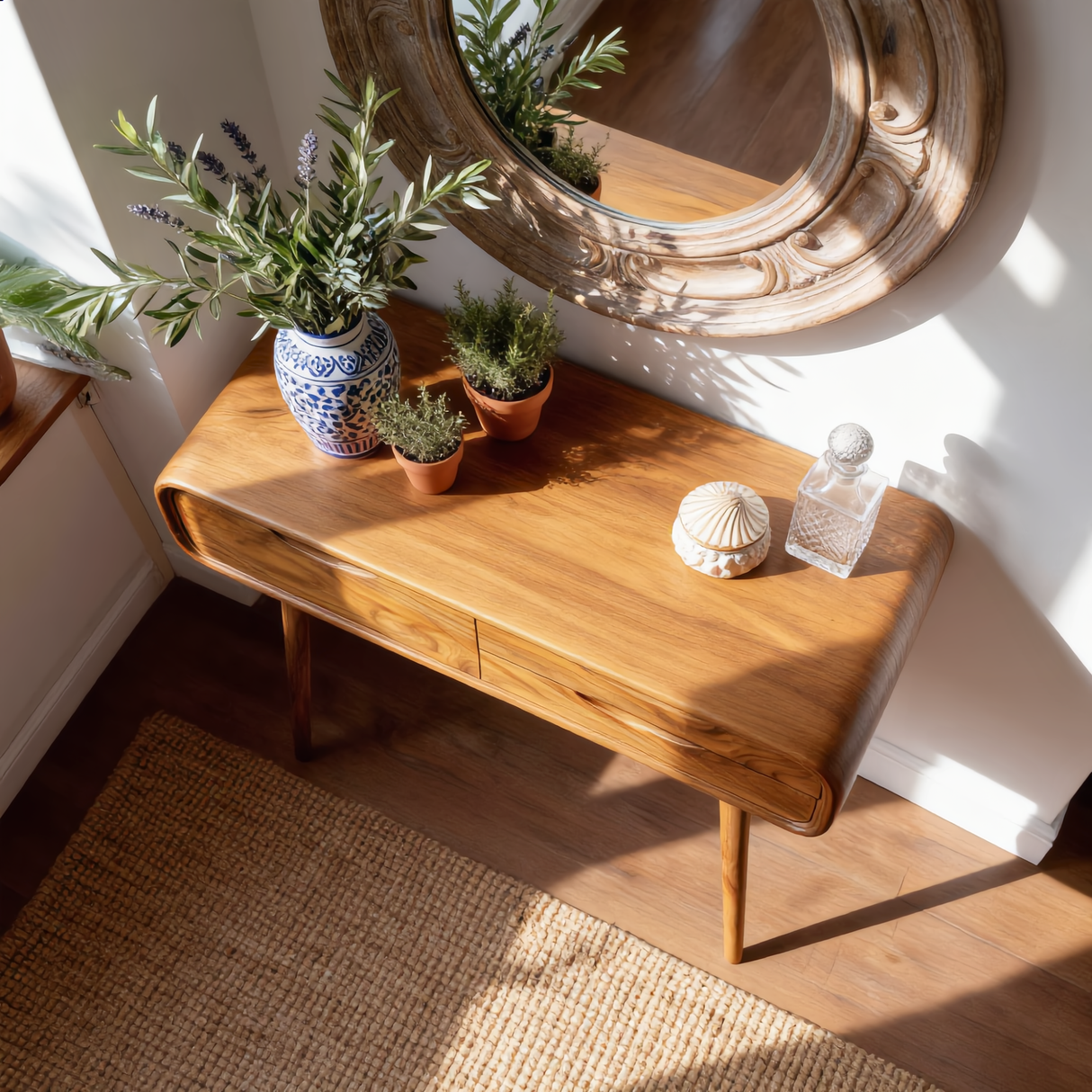 Rounded Solid Wood Vanity Table with Drawers, Modern Dressing Table for Bedroom