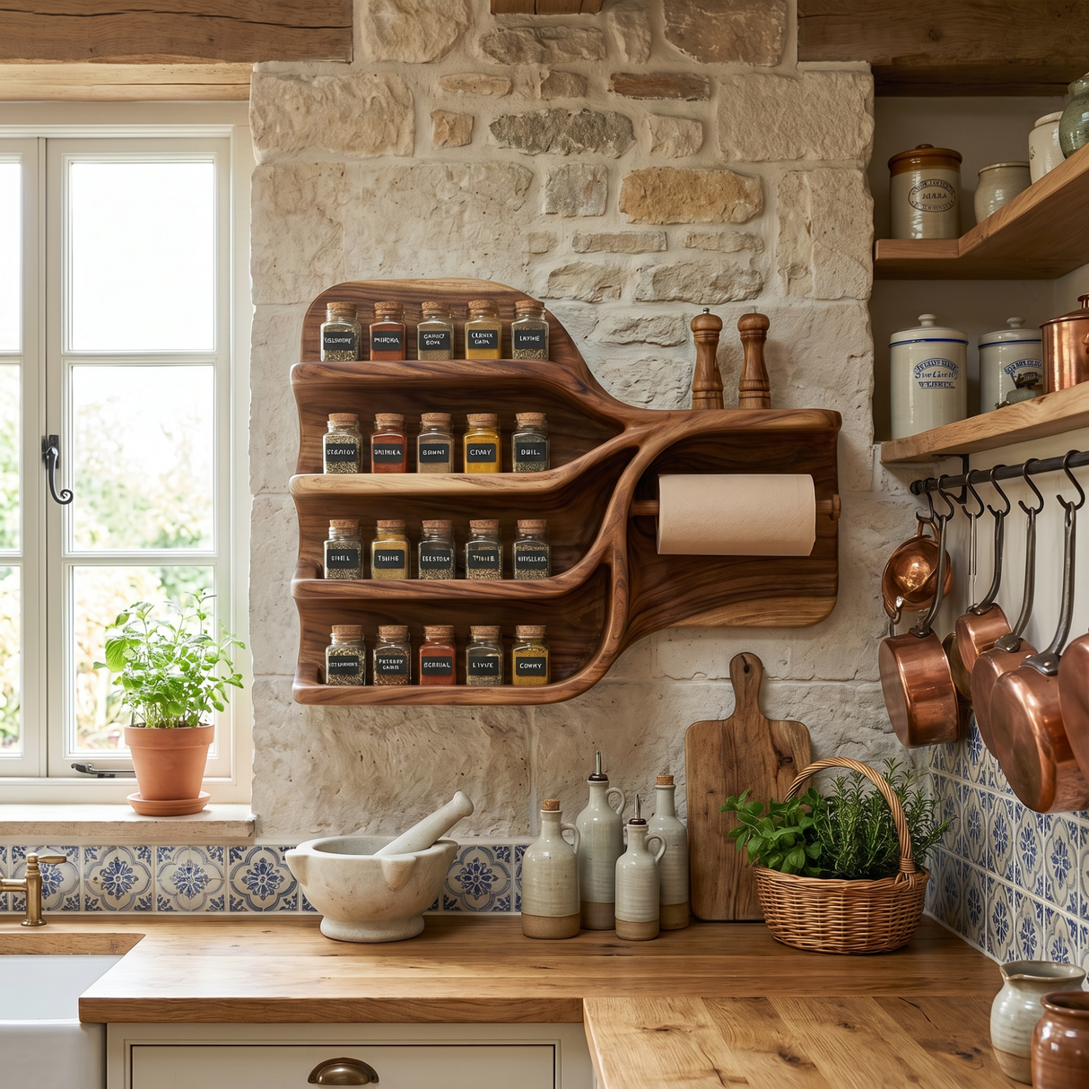Handcrafted Solid Wood Kitchen Wall Organizer with Spice Shelves and Paper Towel Holder