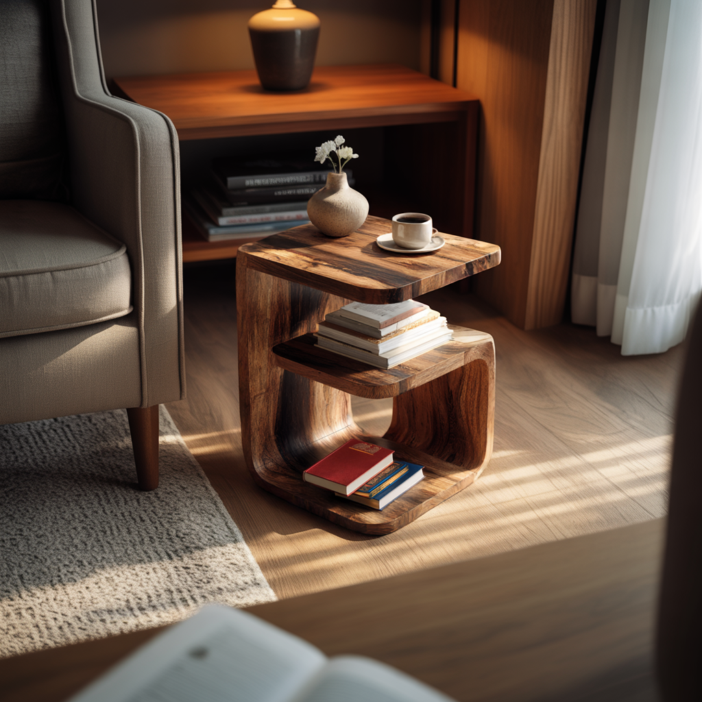 Solid Wood C-Shaped Side Table with Open Shelving