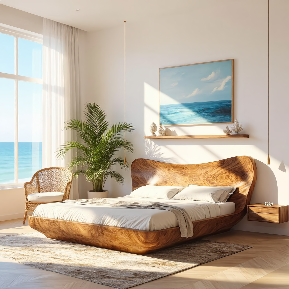 Sculptural Wood Bed with Curved Organic Headboard