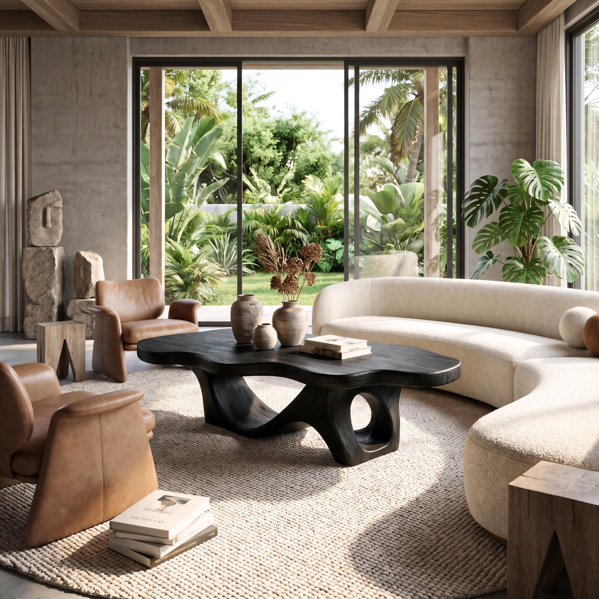 Coffee Table Solid Wood with Sculptural Double Loop Base for Living Room