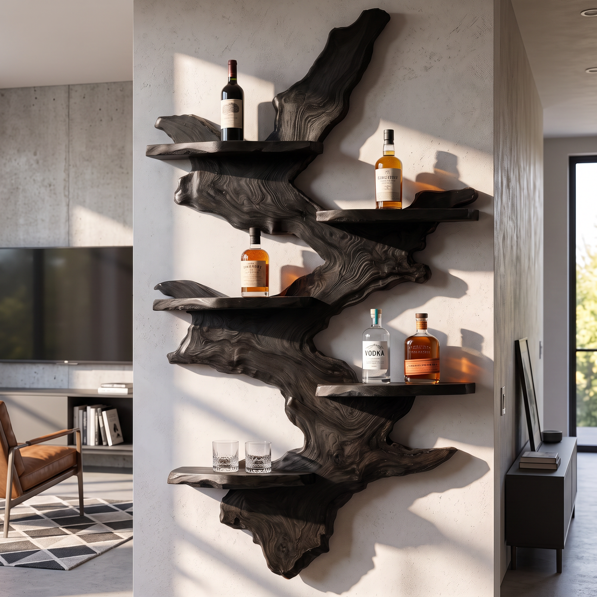 Wall Mounted Wine Rack Solid Wood with Sculptural Live Edge Slab and Floating Shelves