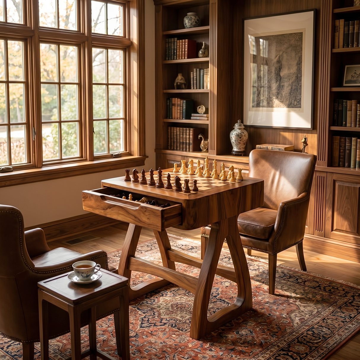 Handcrafted Solid Wood Chess Table with Storage Drawer and Sculptural Base