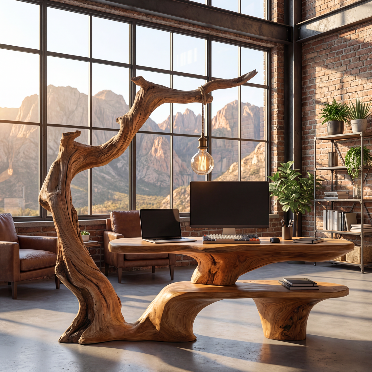 Sculptural Work Desk Tree Inspired Design with Hanging Lamp Organic Modern Workspace Table